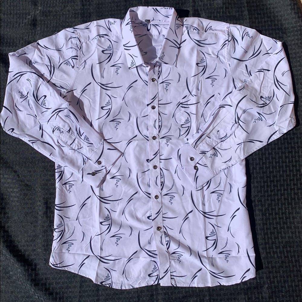 Funky Women’s White Button Up Shirt with Abstract Party Pattern